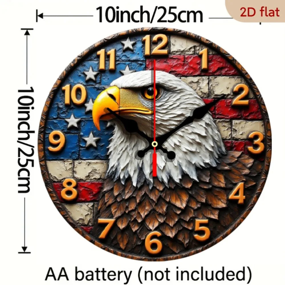 1pc Eagle Silent Round Wall Clock with Flag & Eagle Design - Large Hands, Face & Red/ Star-Spangled Background - Wooden Frame Qu