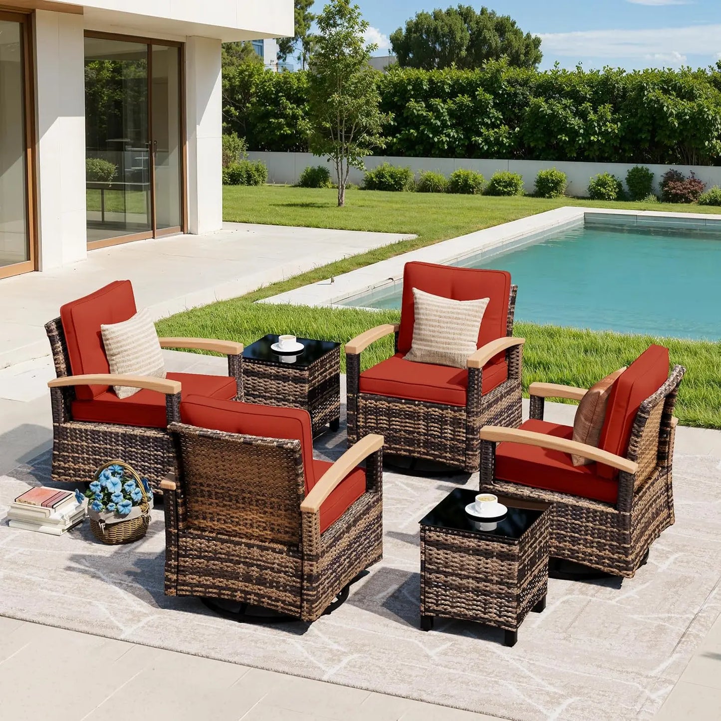 6 Pieces Patio Furniture Sets, Wicker Patio Conversation Sets with 4 Wood Armrests Swivel Glide Chairs，Outdoor, Custom