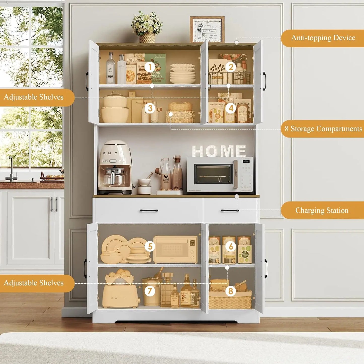 Chengwei Farmhouse Pantry Cabinet With Charging Station And Microwave Stand