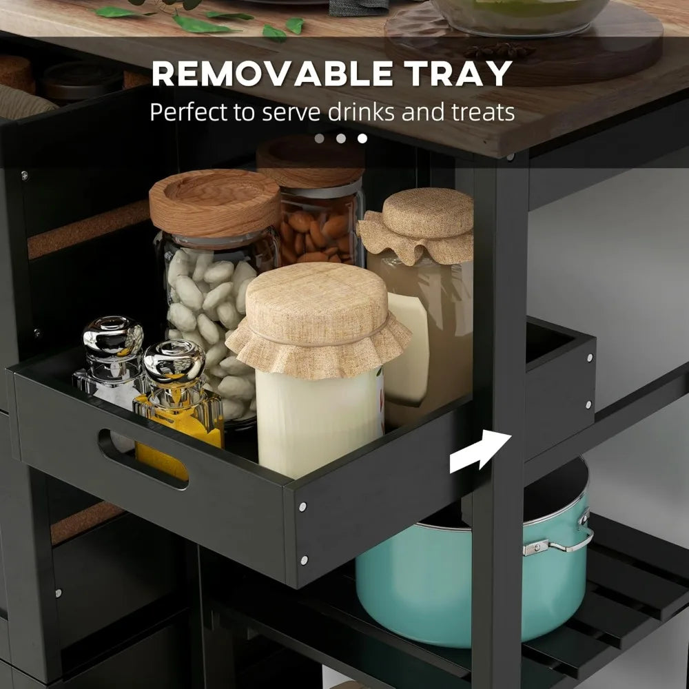 Rolling Kitchen Island Cart With Wood Top And Shelves