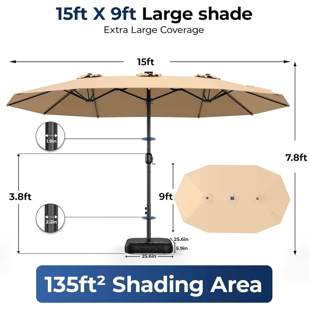 15T Double Sided Patio Umbrella with 12 r LED Light Bars & Base Included, Extra Large RecOutdoor Market Umbrella or 8-12 People