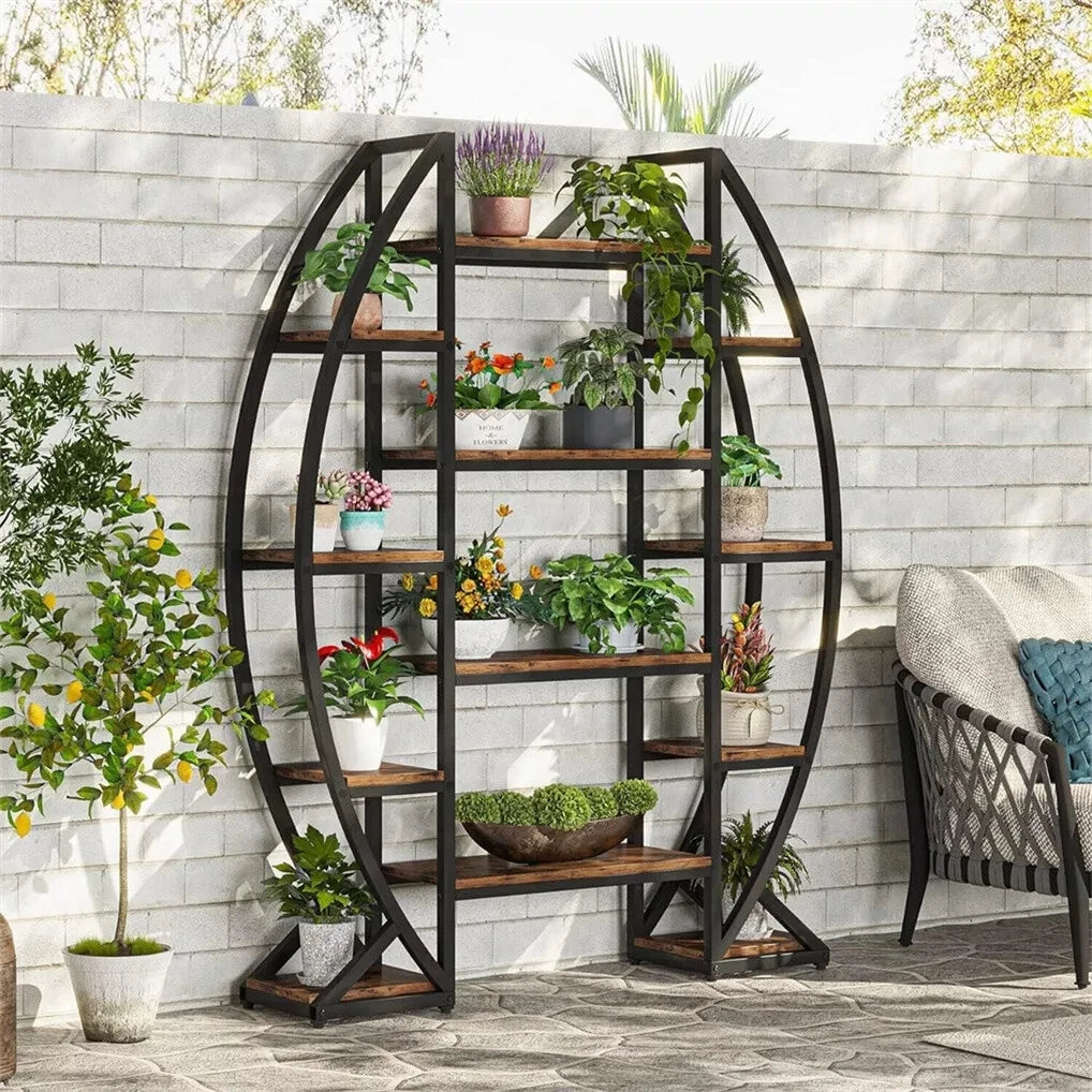 Wisfor Oval Bookshelf, Plant Stand 5 Tier Etagere Bookcase, Half-Moon Shaped Industrial Display Shelves for Living Room