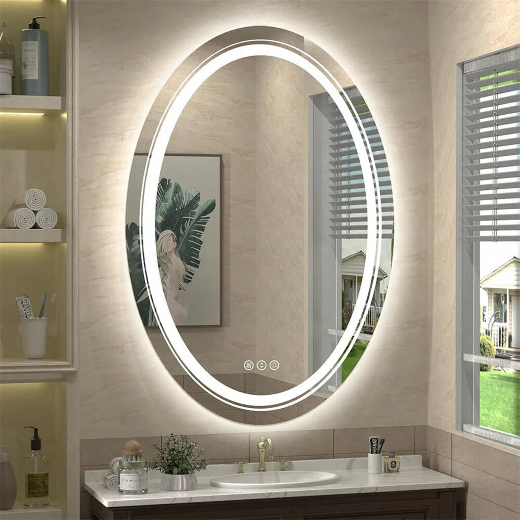 Oval Bathroom Mirror LED Makeup Mirror Anti-Fog Dimmable Light Memory Wall Vanity Shaving Mirror Backlit+Front Lighted
