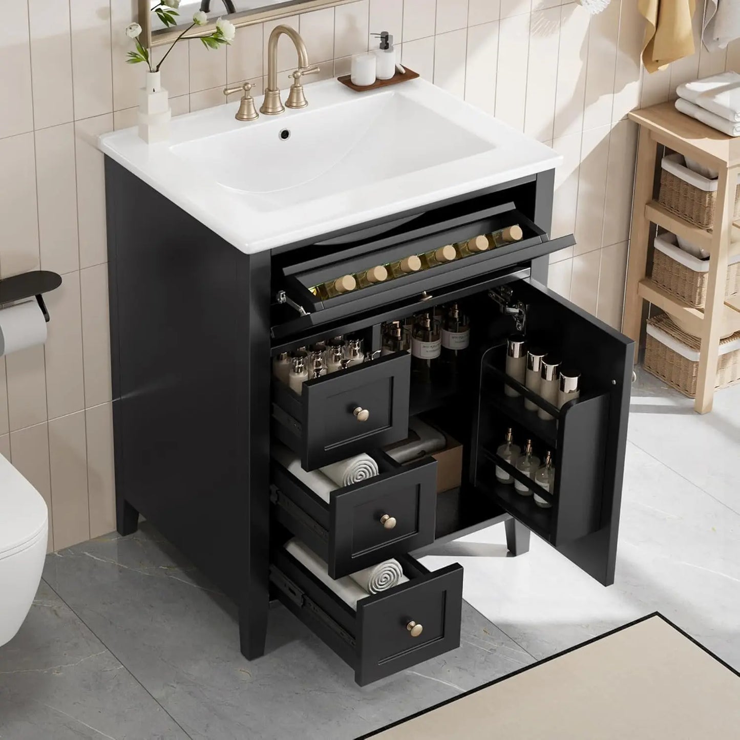 24" Bathroom Vanity with Sink Combo Set, Bathroom Cabinet with 3 Drawers and a Tip-Out Drawer, Adjustable Shelves, Soft, Custom