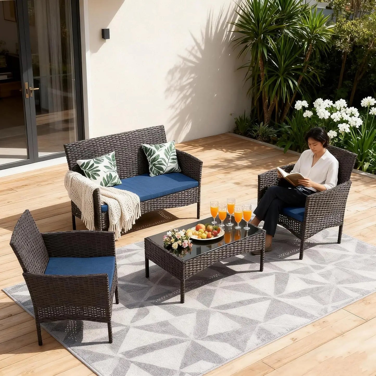 Outdoor Patio Furniture Set Wicker Rattan Cushions Coffee Table