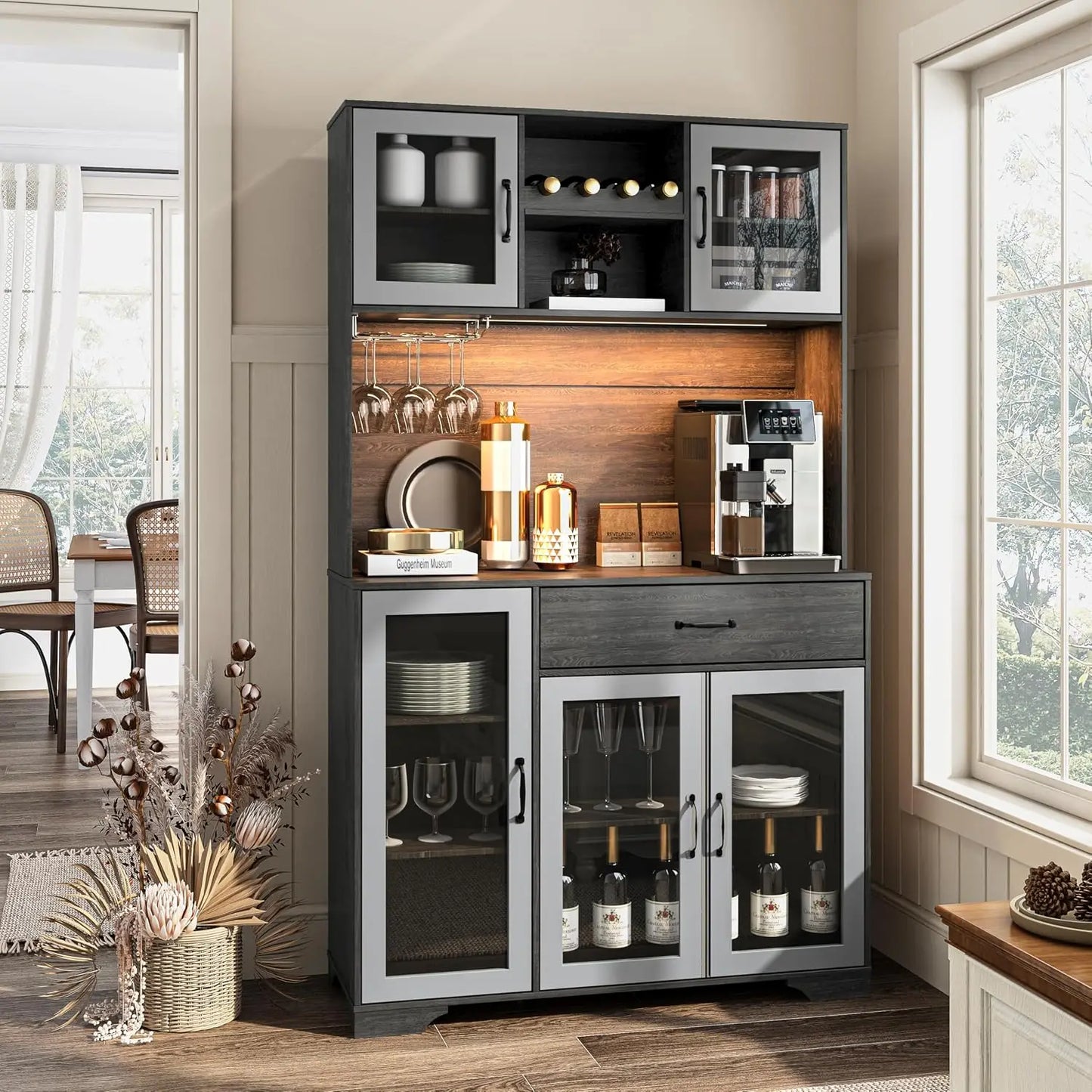 71" Tall Pantry Cabinet with Glass Doors, Kitchen Hutch Storage Cabinet, Coffee Bar & Liquor Cabinet with Charging, Customized