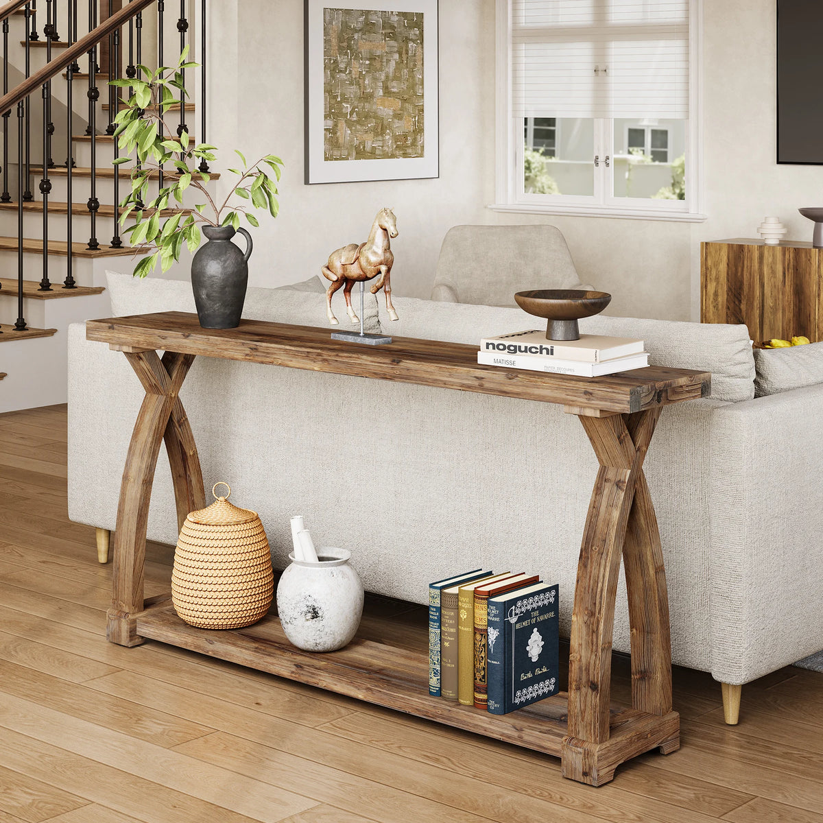 Tribesigns Solid Wood Farmhouse Console Table With Tiered Storage
