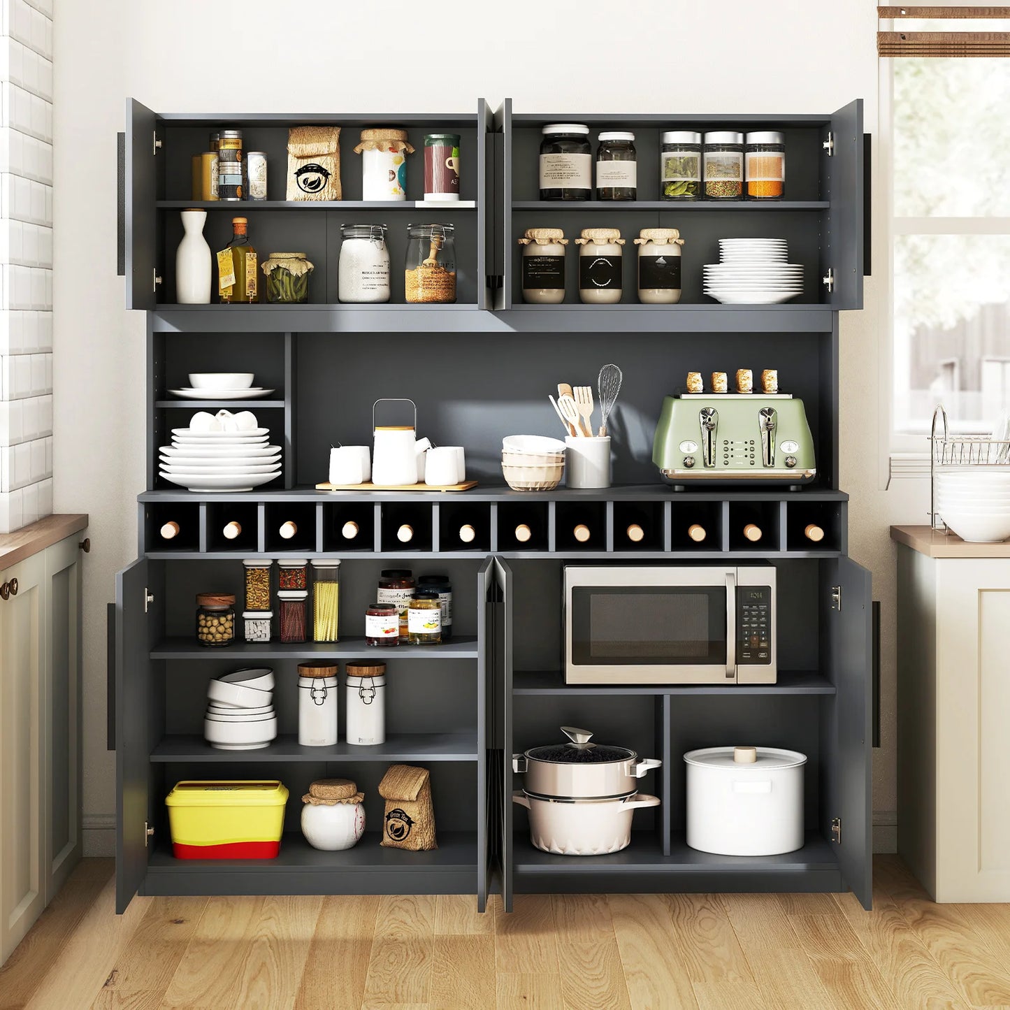 63” Wide Kitchen Buffet Hutch w/ 4 Cabinets, 2 Open Shelves & 12-Bottle Wine Rack