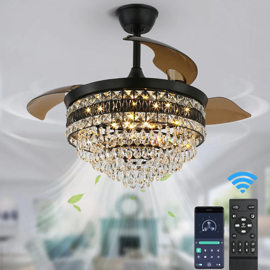 GreeLustr Modern Smart Ceiling Fan Chandelier Gold RC Adjustable 6 Speed Pendant Light Luminaire Bedroom 3 Heads Led Fandelier