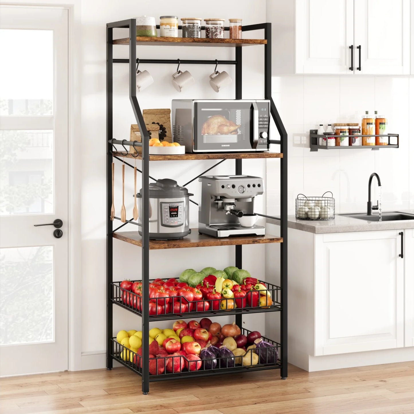 Kitchen Bakers Rack Microwave Oven Stand with 2 Large Wire Basket Industrial Coffee Bar Station