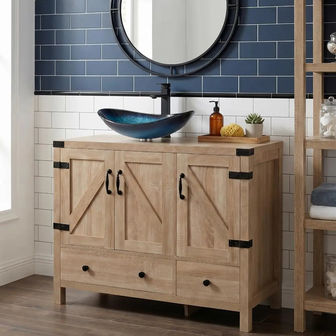 36" Natural Color Bathroom Vanity, Rustic Fixture Standing Pedestal Cabinet with White Ceramic Sink, Custom