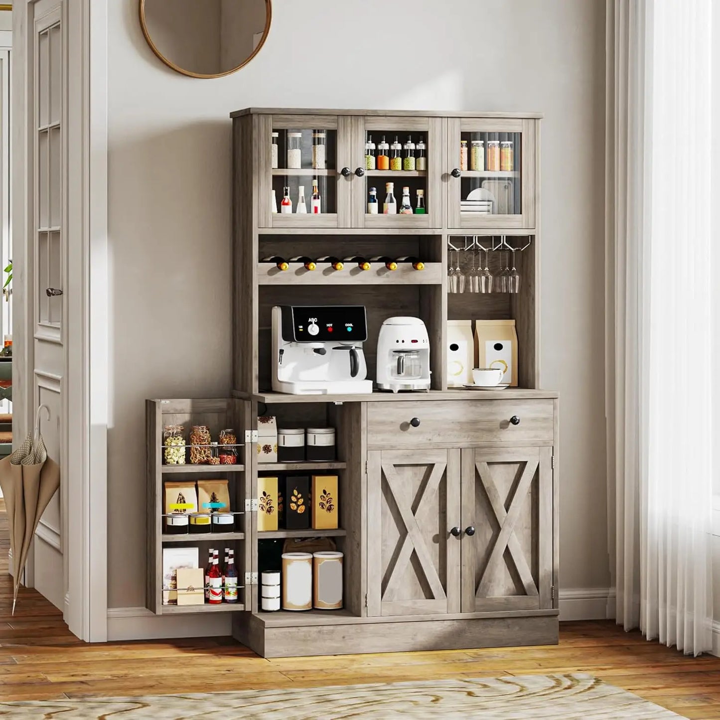 MOYU Kitchen Pantry Cabinet With Wine Rack And Power Outlet