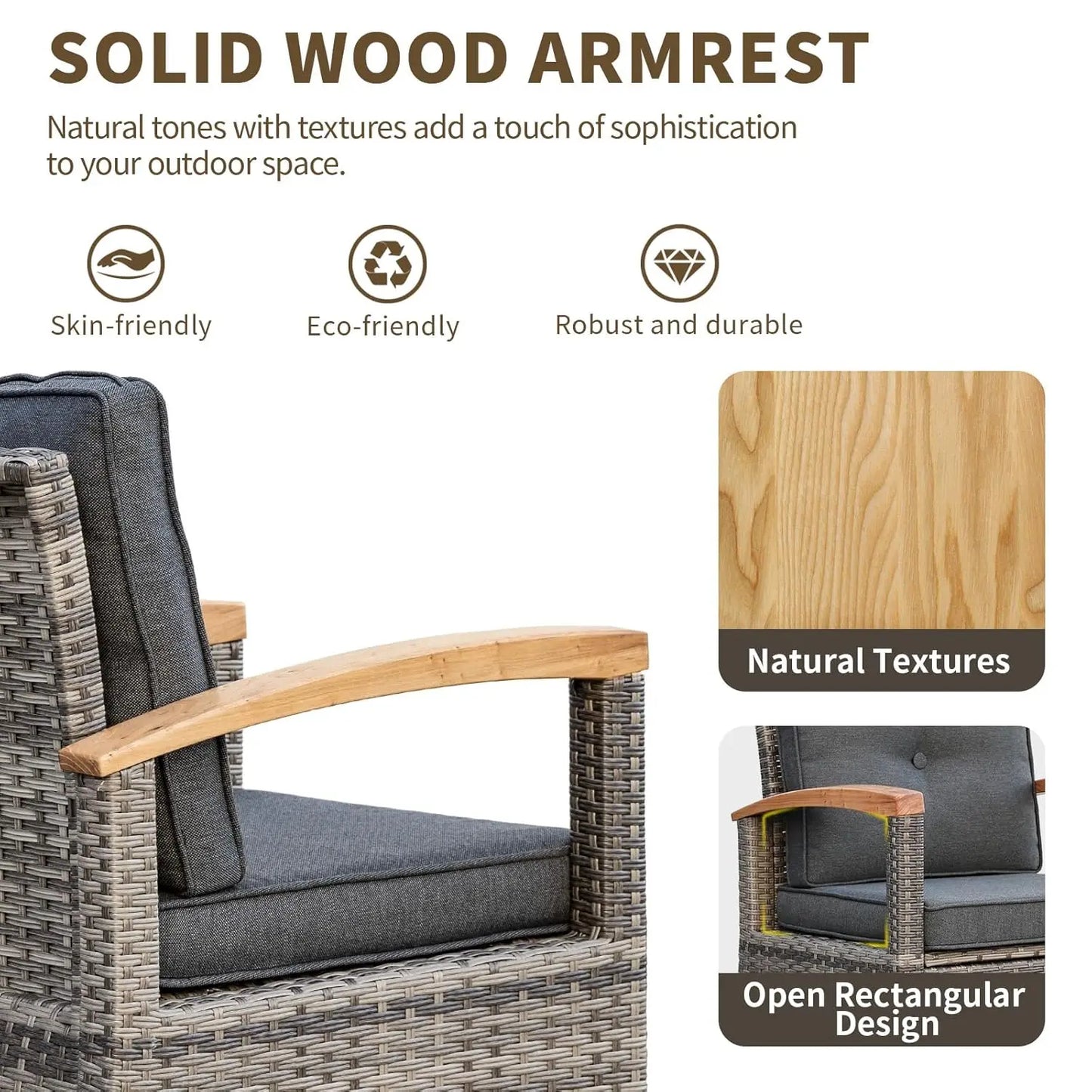 6 Pieces Patio Furniture Sets, Wicker Patio Conversation Sets with 4 Wood Armrests Swivel Glide Chairs，Outdoor, Custom