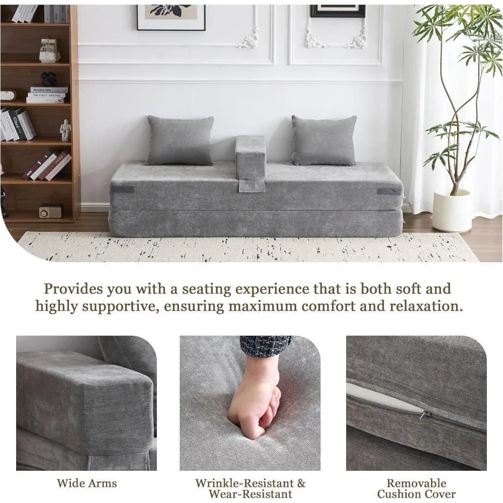 Queen Size 4-in-1 Convertible Sofa Bed - Chenille Fold out Sleeper Couch with Armrest And Pillows - Floor Chaise Lounge
