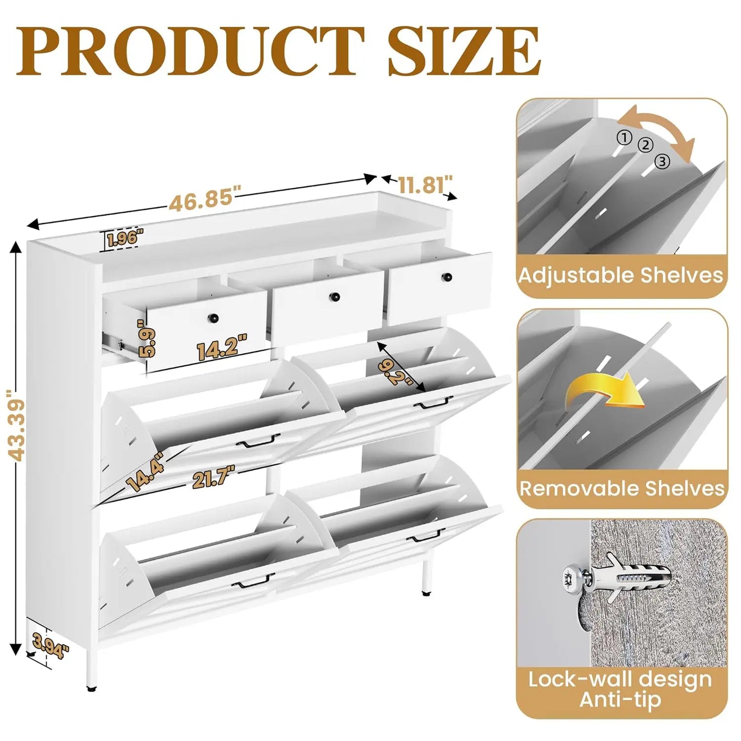Metal Shoe Cabinet With 4 Flip Drawers And Top Drawers