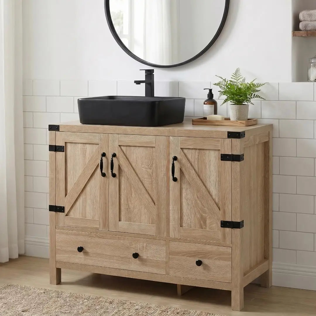 36" Natural Color Bathroom Vanity, Rustic Fixture Standing Pedestal Cabinet with White Ceramic Sink, Custom