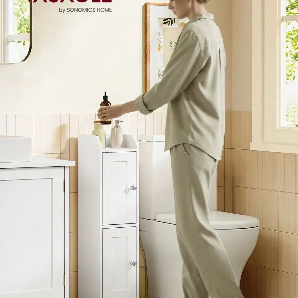 Slim Storage Cabinet With Reversible Doors, Small Storage Corner Floor Cabinet, Narrow Orgnizer, Adjustable Shelves, Far