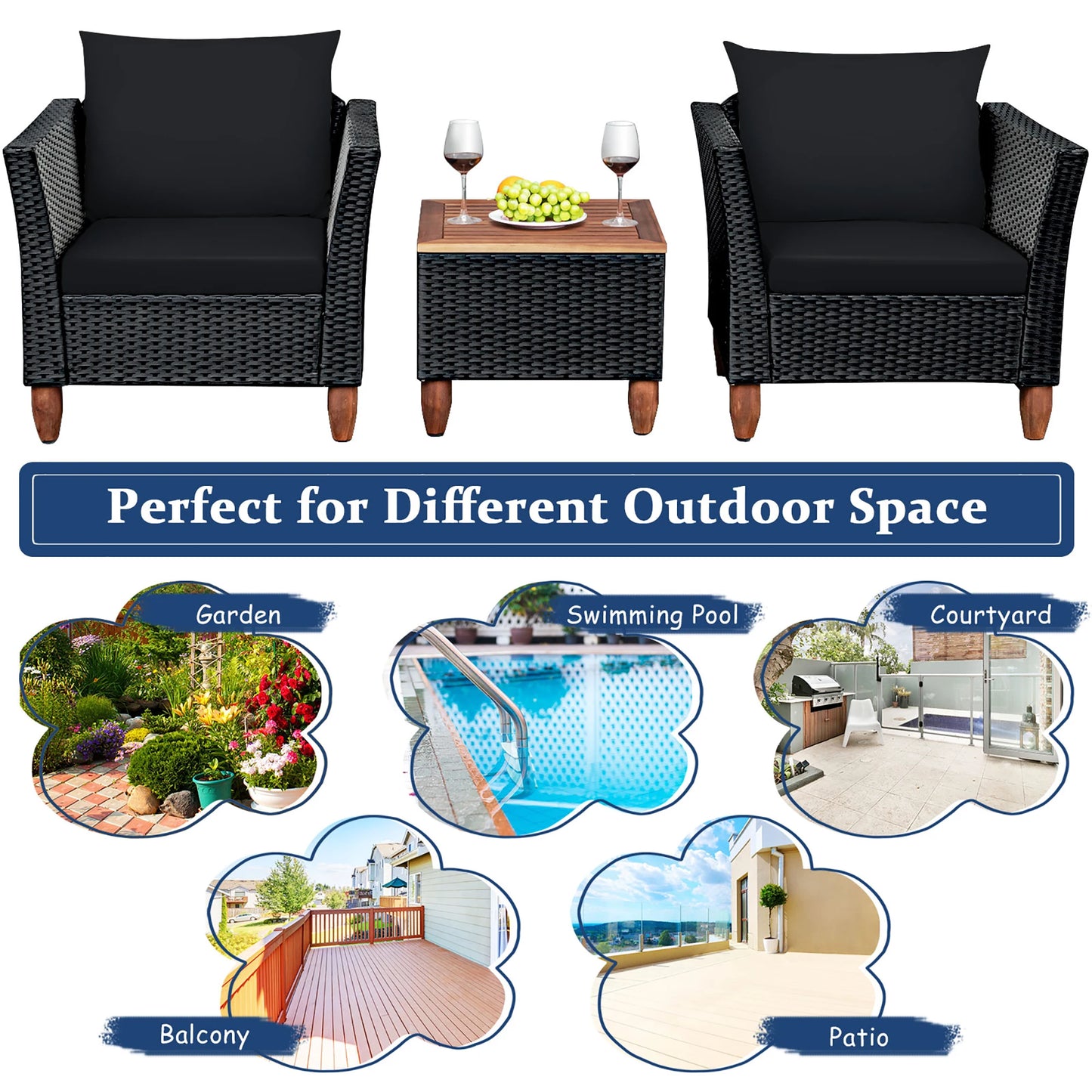 3PCS Outdoor Patio Rattan Furniture Set Wooden Table Top Cushioned Sofa Black