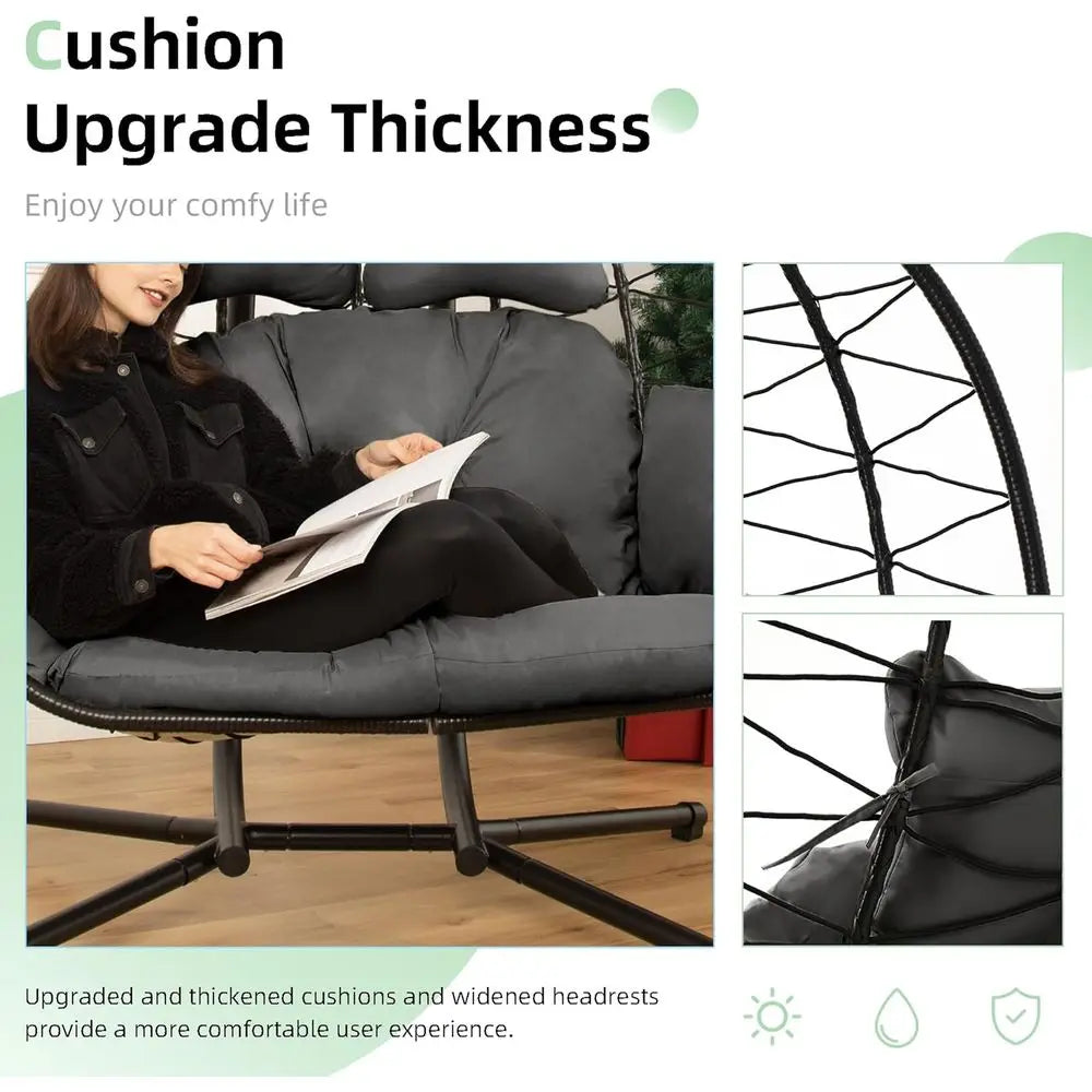 Double Egg Chair with Stand Hammock Swing Chair oldable Hanging Loveseat, UV Resistant Removable Cushions, 700LBS acity or Bedro