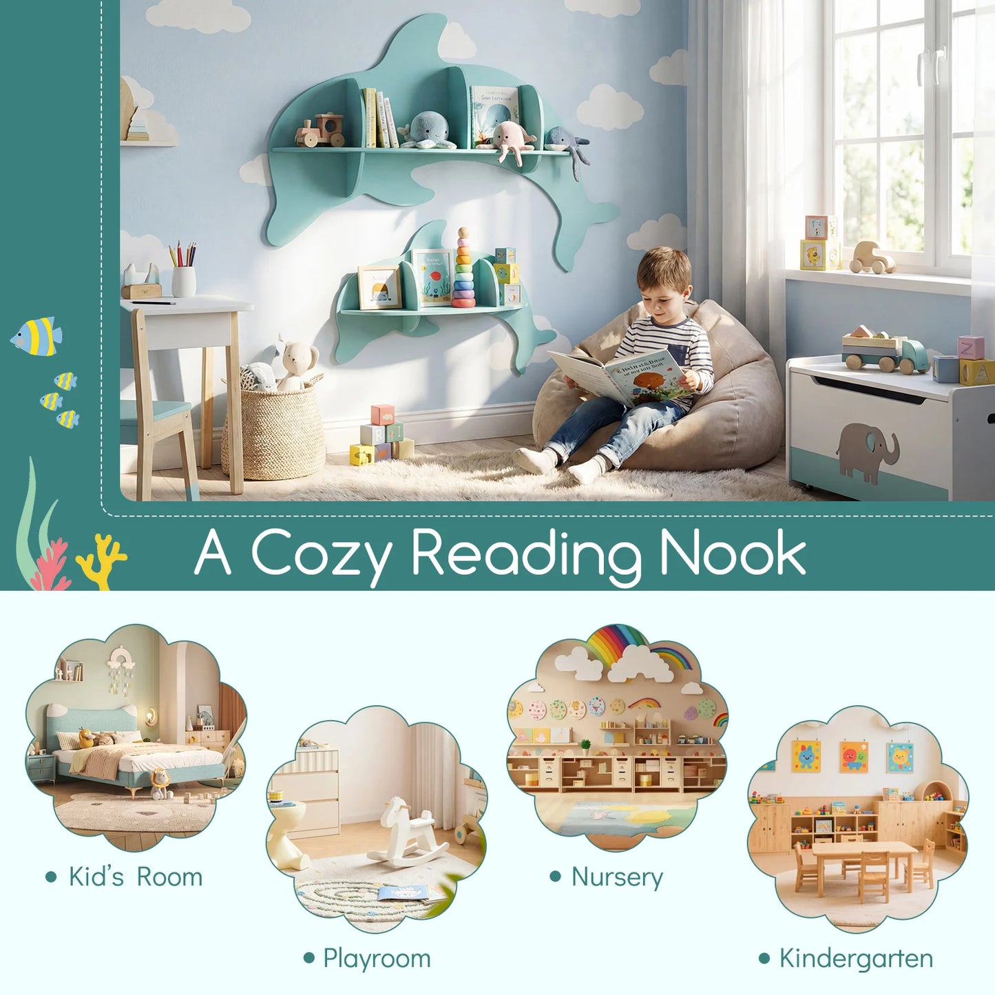 2PCS Floating Dolphin Shelves w/ Compartments Cute Corner Bookshelves for Nursery