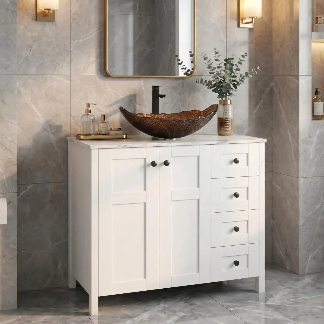 32 Inches White Bathroom Vanity with Marble Texture Top and 4 Drawers, with Marble Boat Ceramic Sink, Custom