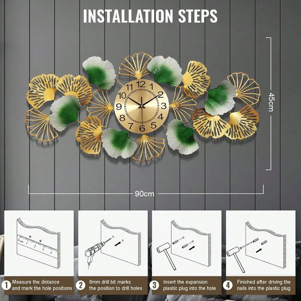 Large Wall Clock For Living Room With Silent Movement,3D Creative Metal Ginkgo Leaf Design Clock For Bedroom Dining Room Office