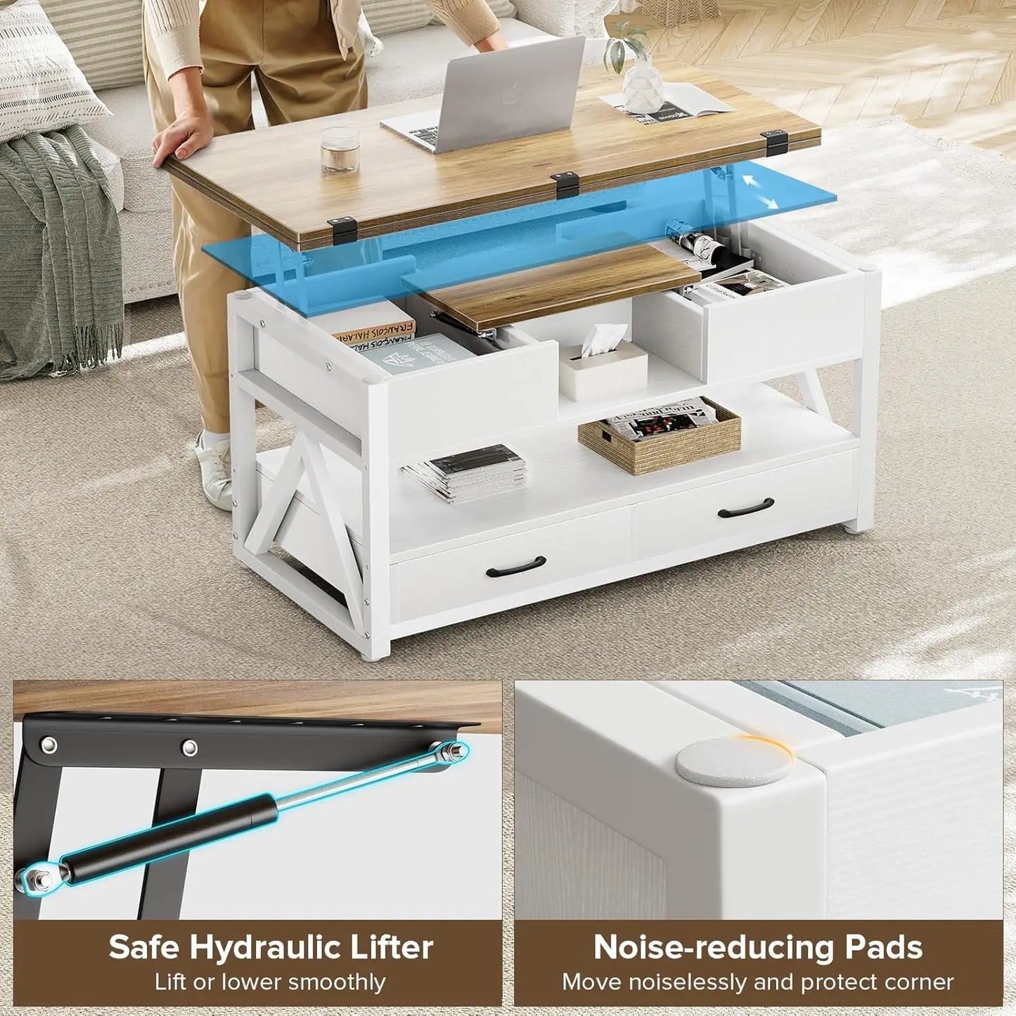 40" Lift Top Coffee Table,4 in 1 Multi-Function Lift Coffee Tables with Storage Drawers and Hidden Compartmen,Farmhouse, Custom