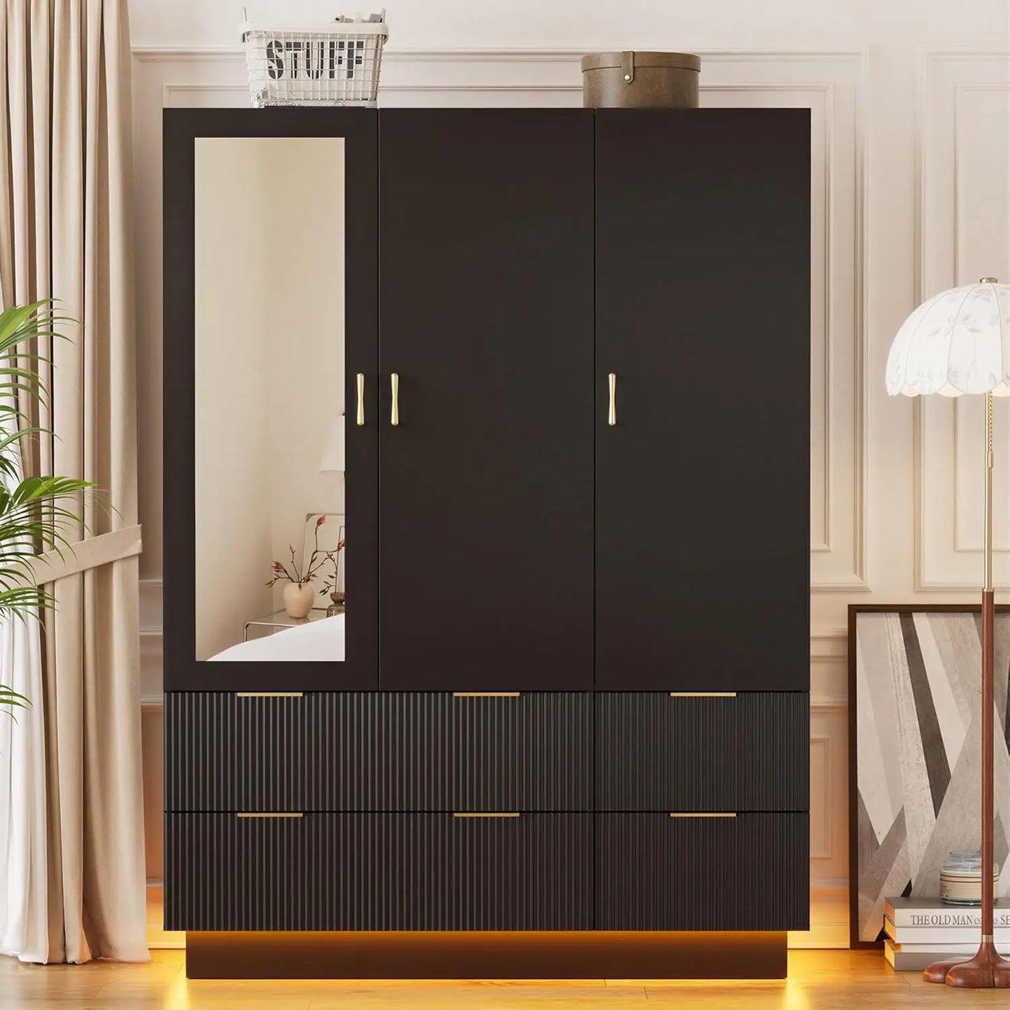 Minimalist Wardrobe Armoire With Mirror Hanging Rod Drawers