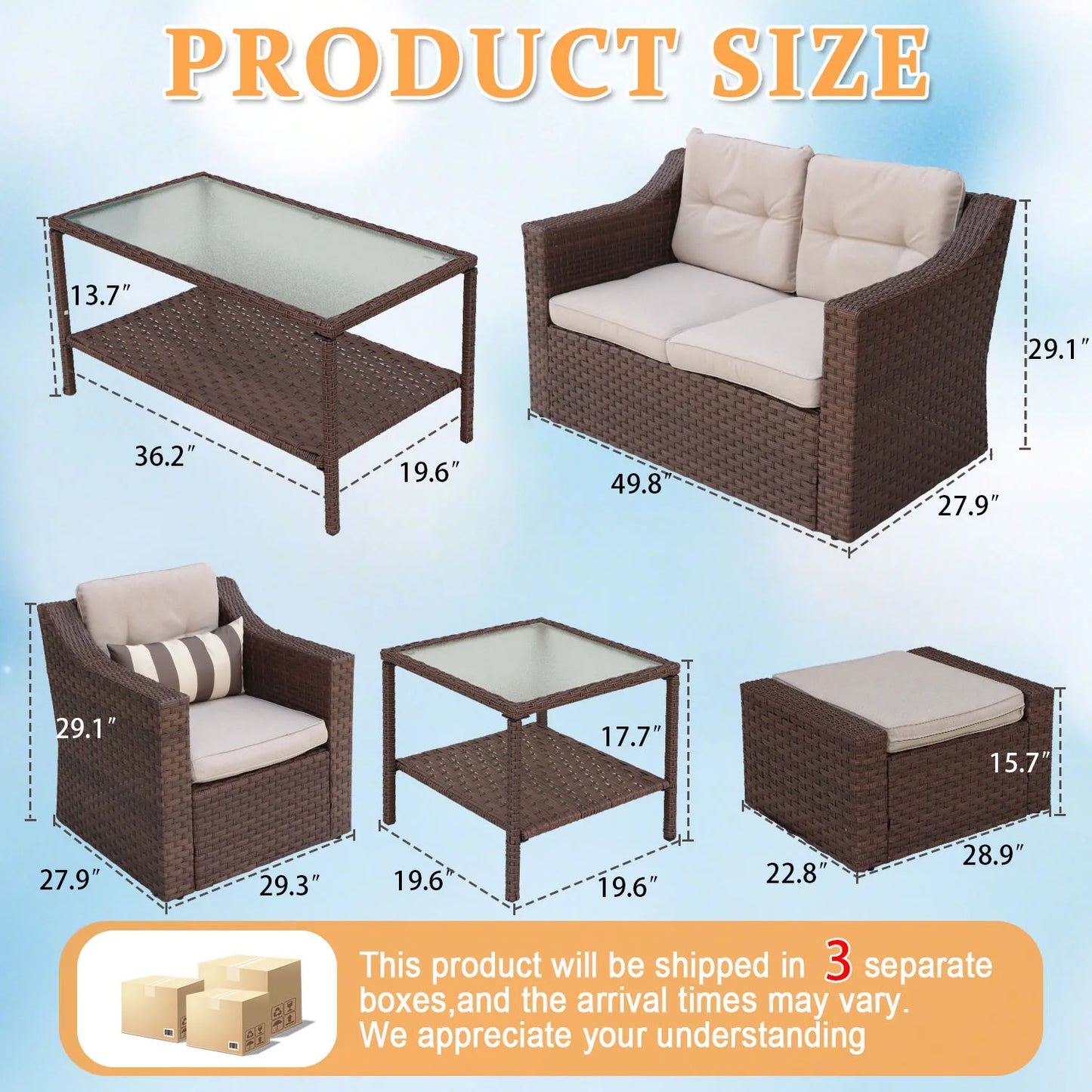 6-Piece Outdoor Patio Furniture Set, Brown PE Rattan Wicker Sectional Conversation Sofa with Cushions & Glass Coffee Table, Weather Resistant Modular Patio Furniture Set for Backyard Porch Garden – Outdoor Furniture, Patio