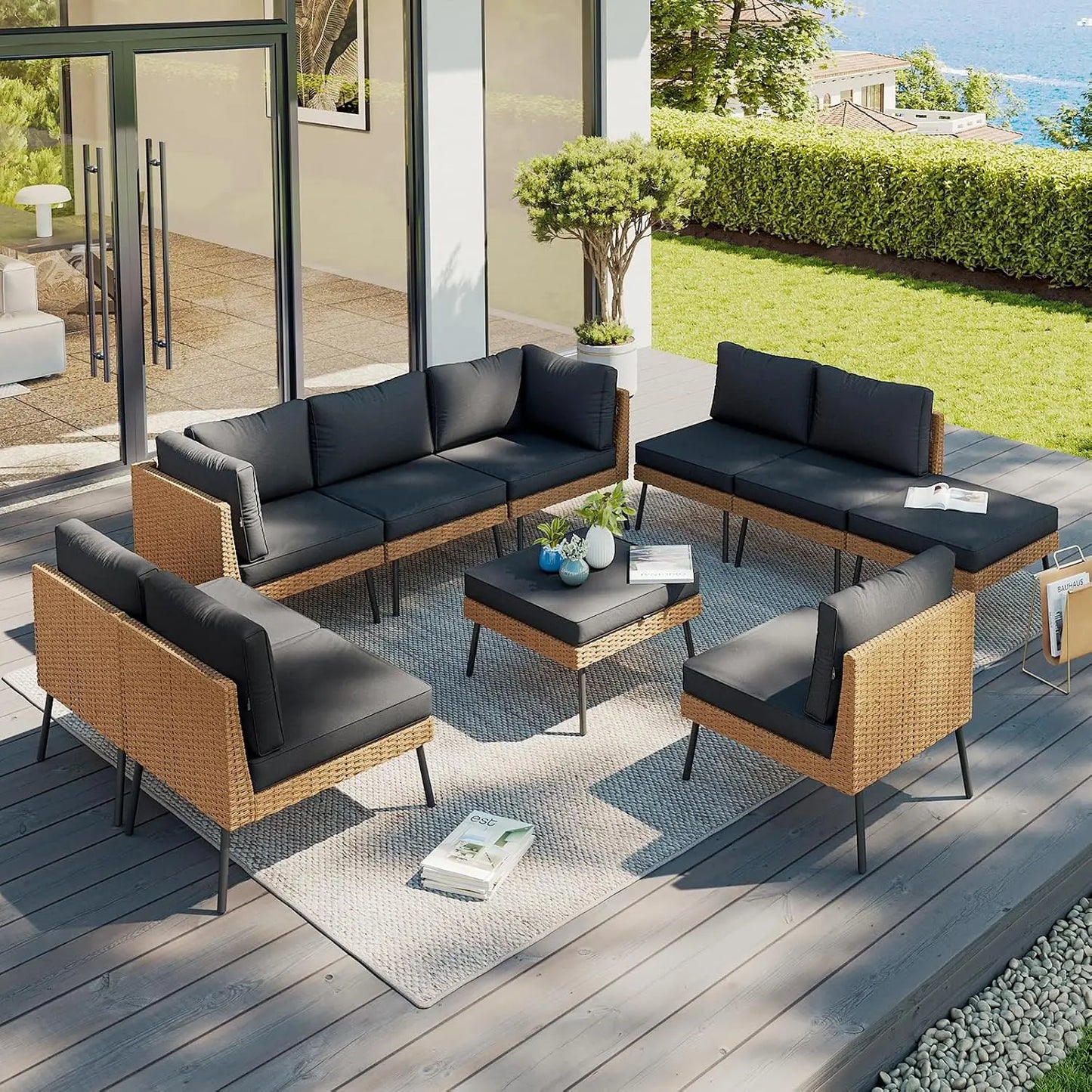 10 Piece Patio Furniture Set, 10 Seats Outdoor Sectional Sofas with Thick Cushion, Wicker Outdoor Patio Furniture Set, Custom