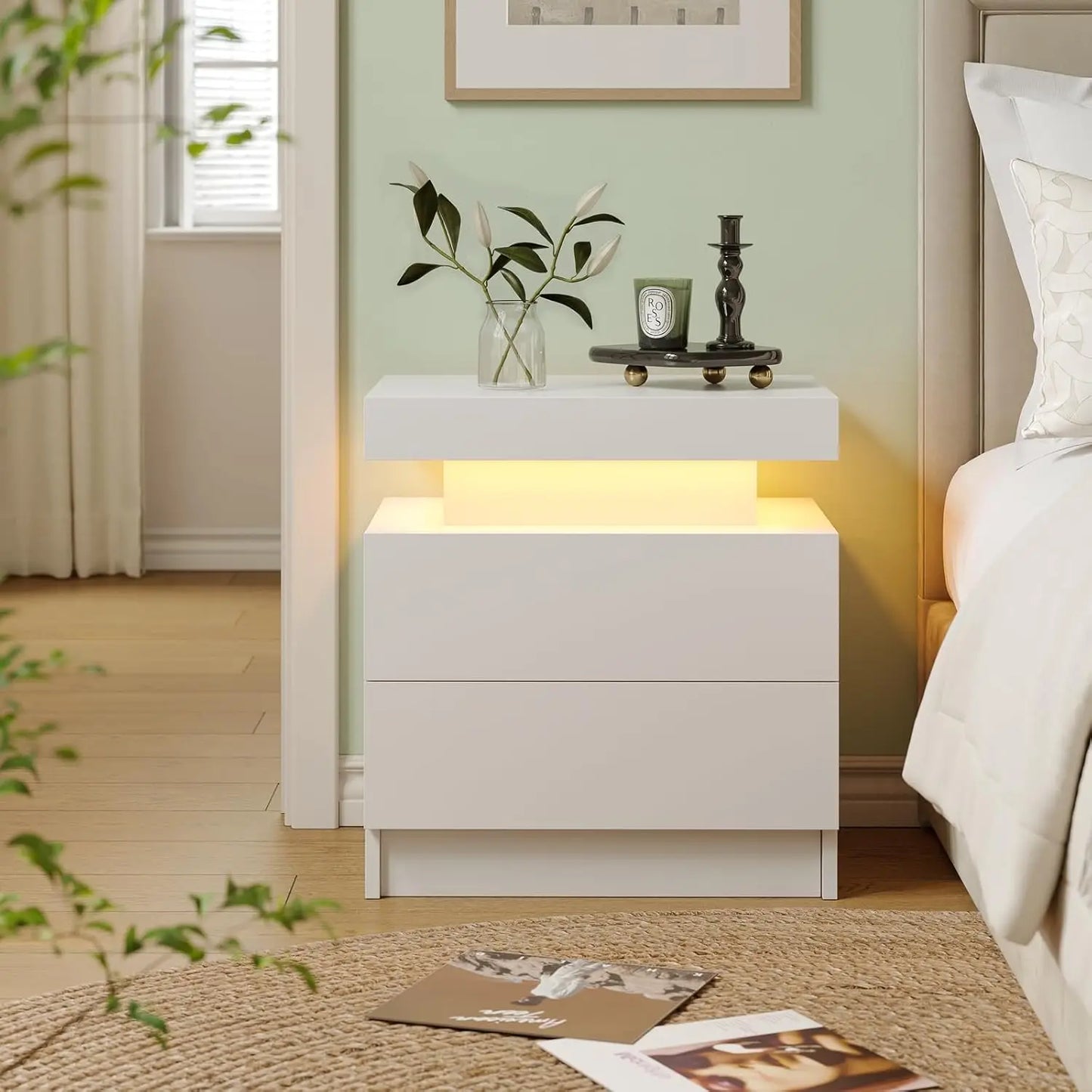 White LED Nightstand With Two Wood Drawers Bedside Table
