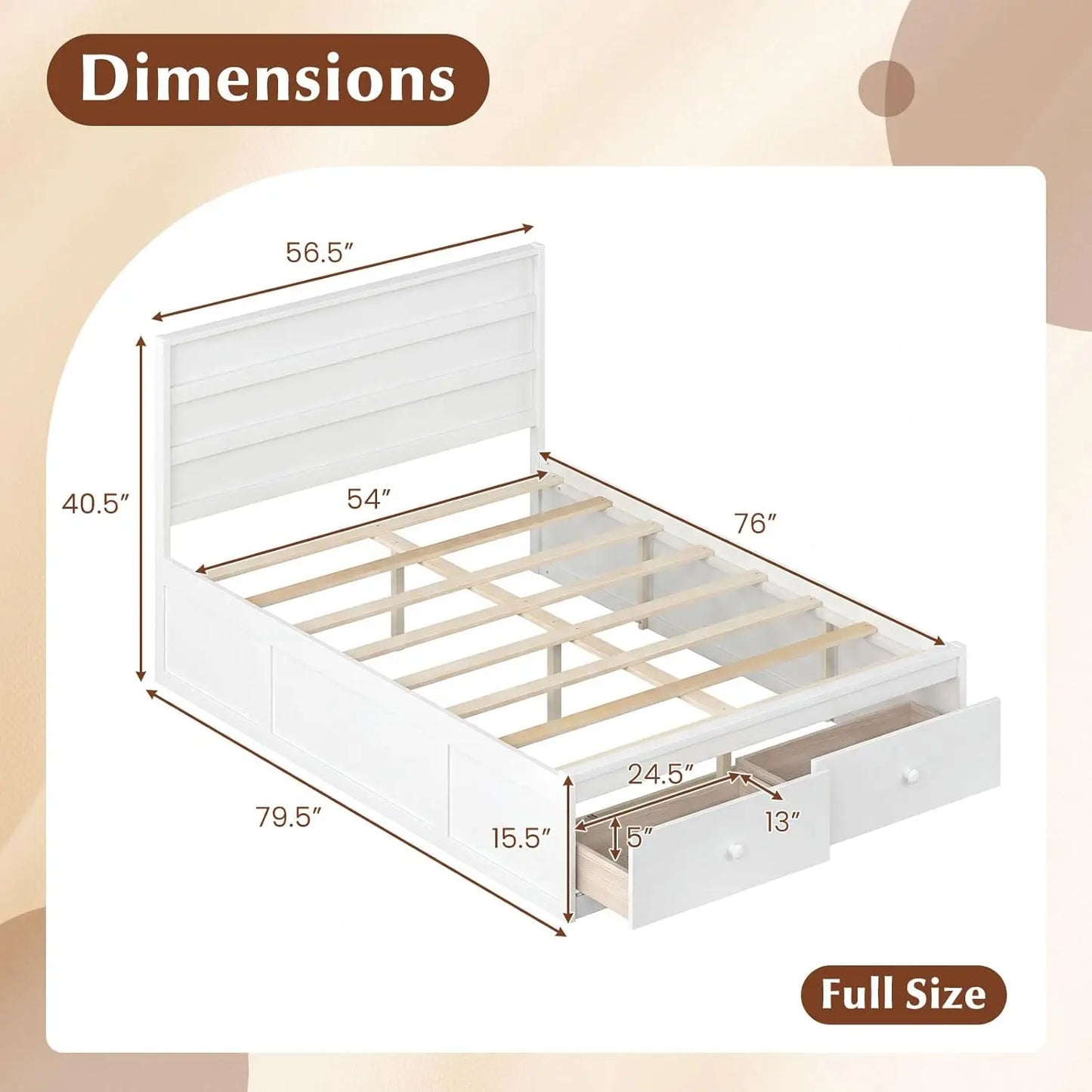 Full Storage Platform Bed Frame with Headboard Wooden Slat Support Enclosed Base No Box Spring Needed White Full, Custom