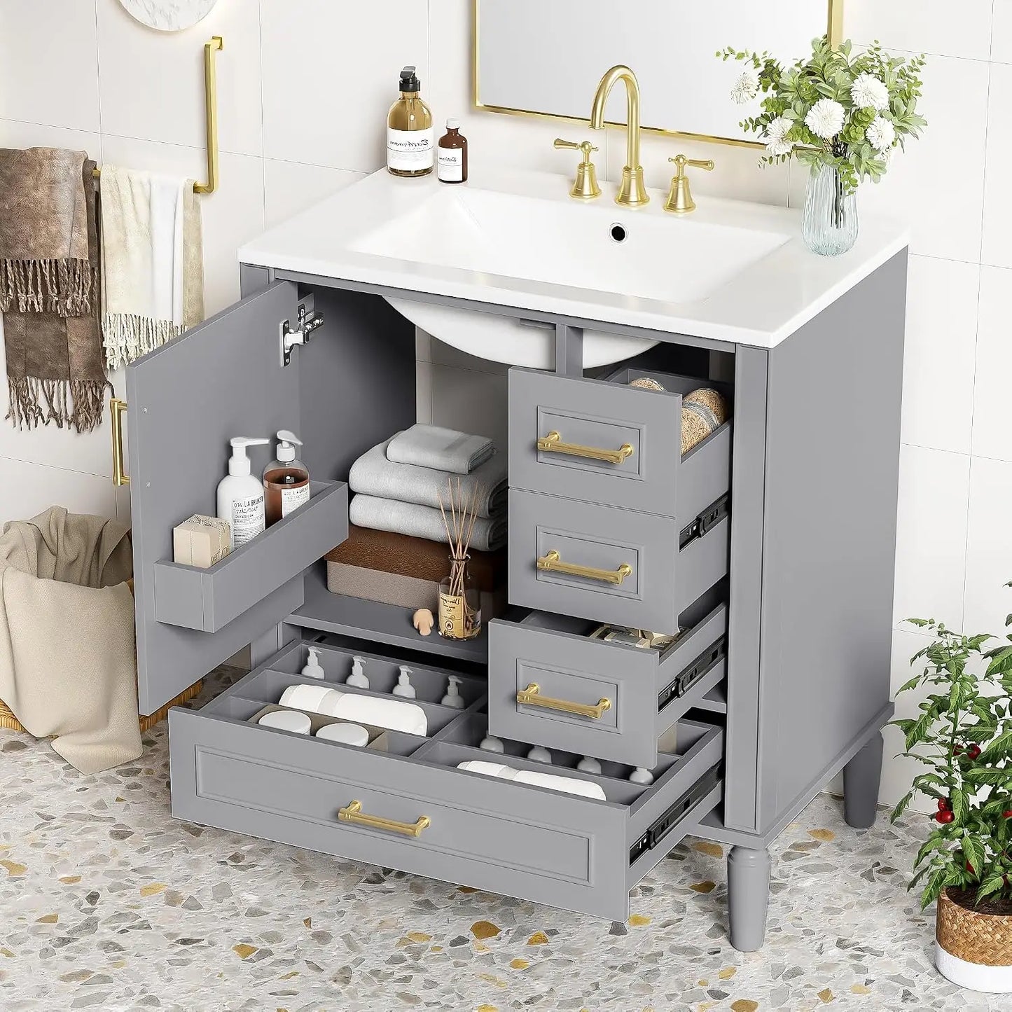 30" Bathroom Vanity with Ceramic Sink, Modern Freestanding Storage Cabinet with Sink Suite Set, Soft Closing Door,, Custom