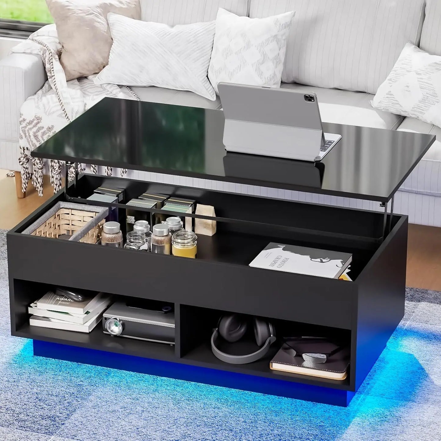 Hommpa Lift Top Modern LED Coffee Table With Storage