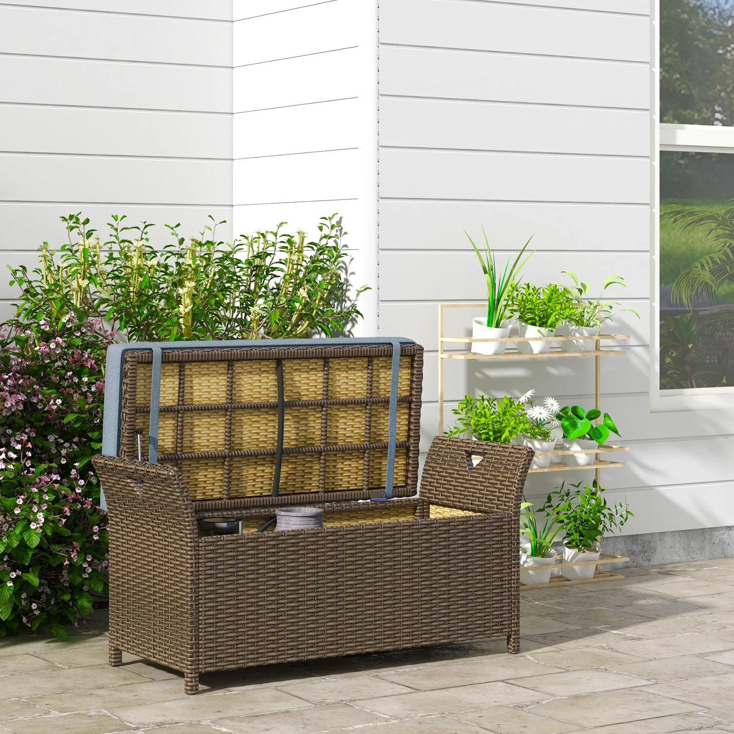 27 Gallon Pe Rattan Wicker Storage Bench, Large Outdoor Patio Box, Dark Blue