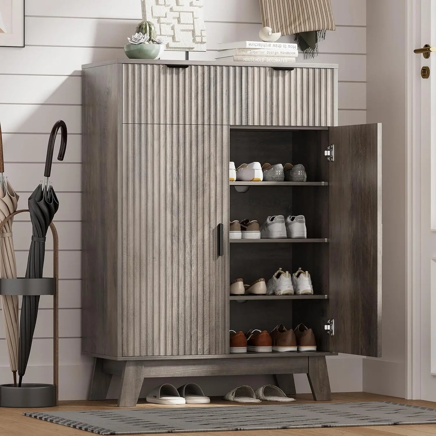 Shoe Cabinet Storage for Entryway with Doors, 4 Tier Fluted Shoe Organizer with 2 Drawers, Entryway Shoe Storage with, Custom