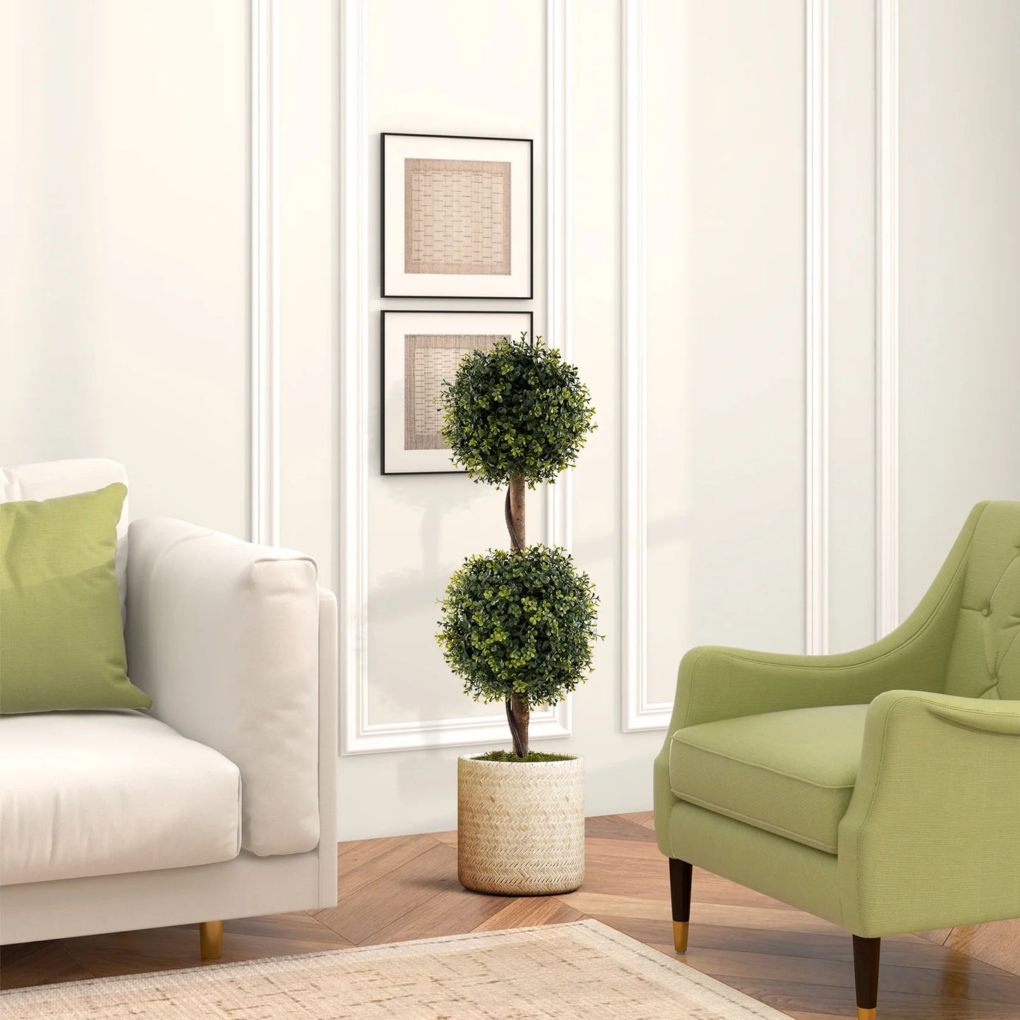 Set of 2 Artificial Double Topiary Ball Trees 3 FT Faux Boxwood Topiary Tree