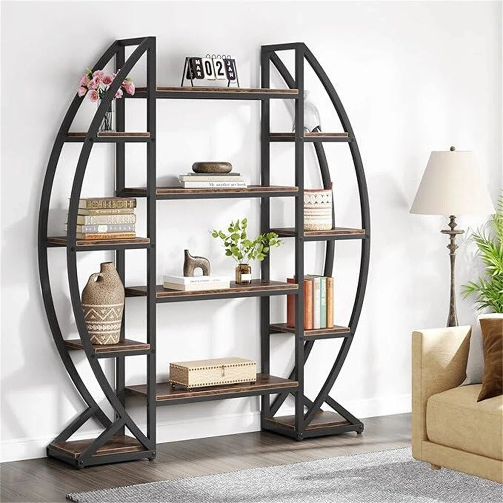 Wisfor Oval Bookshelf, Plant Stand 5 Tier Etagere Bookcase, Half-Moon Shaped Industrial Display Shelves for Living Room
