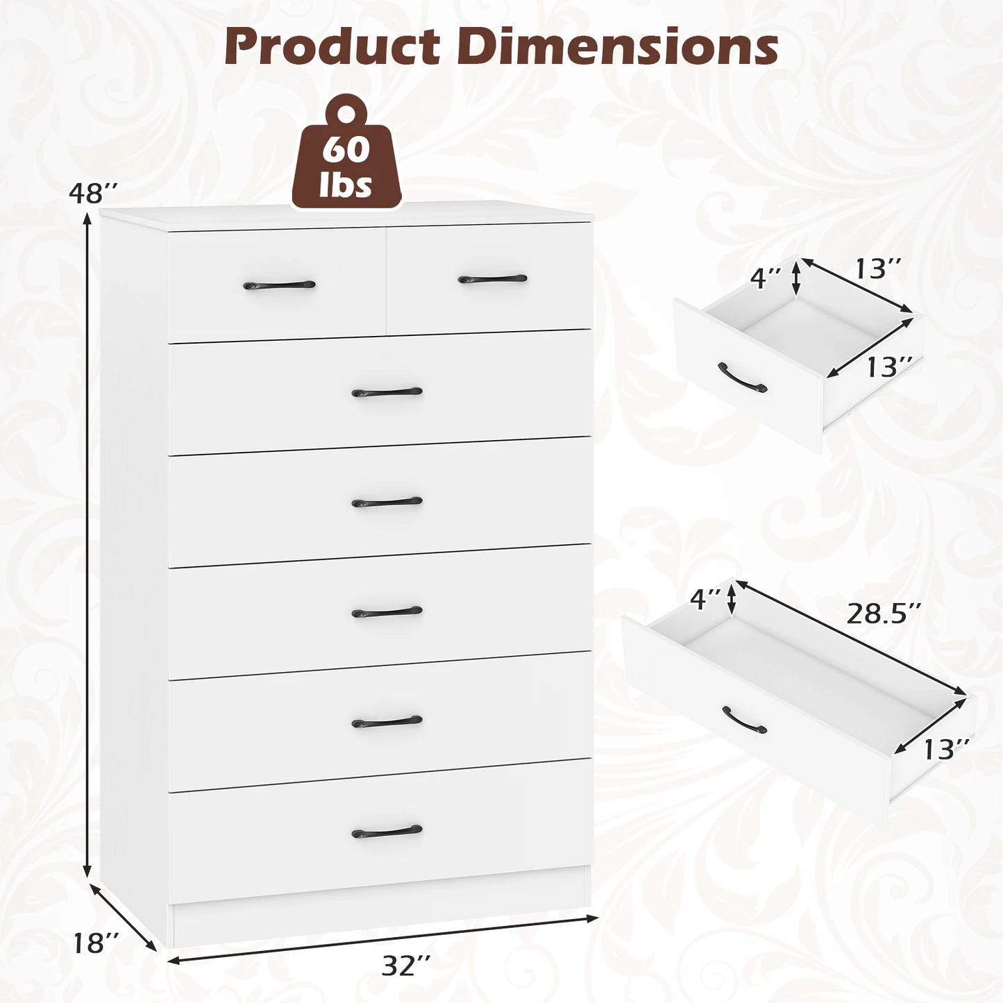 7 Drawers Dresser Wooden Chest of Drawers w/ Metal Handles, Guide Rails Espresso