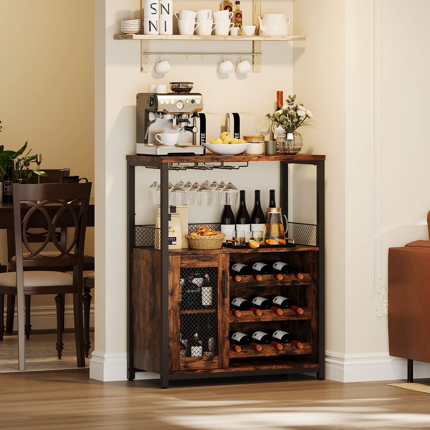 HiMISS Vintage 3 Tier Wine Bar Cabinet With Adjustable Shelves Glass Holders