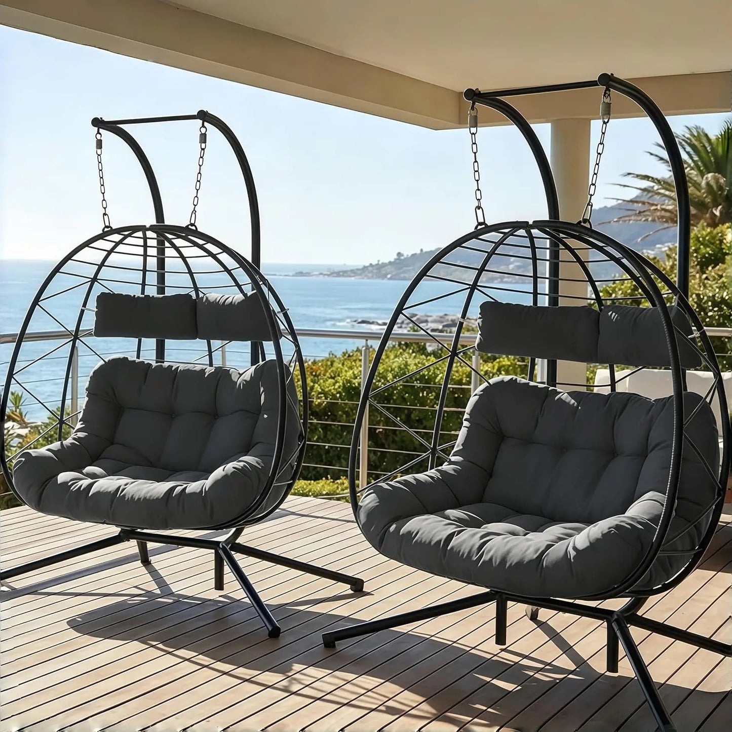 Set of 2 Wicker Hanging Egg Chairs with Stand, 700 lb Capacity, Indoor/Outdoor Double Egg Swing Hammock Chairs for, Custom