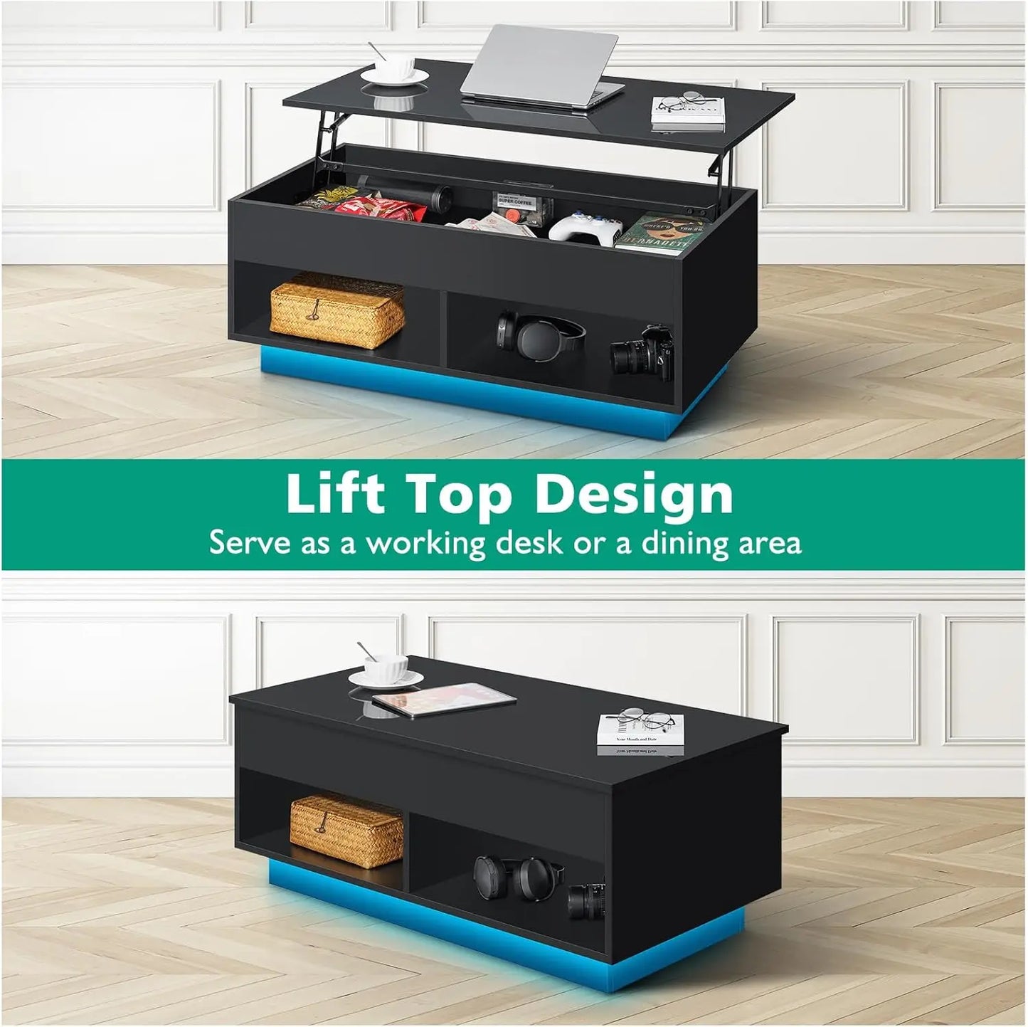 Hommpa Lift Top Modern LED Coffee Table With Storage