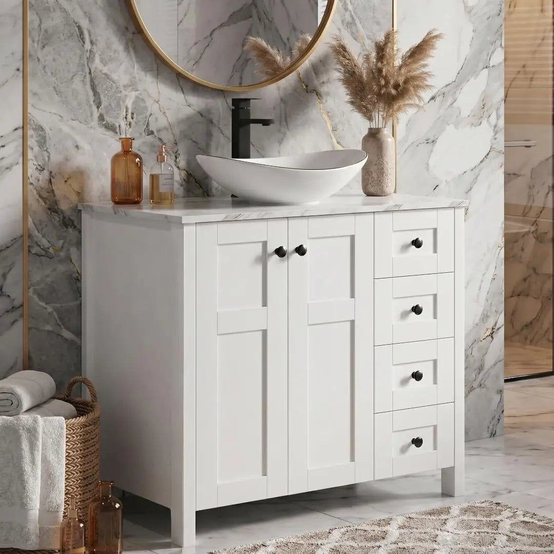 32 Inches White Bathroom Vanity with Marble Texture Top and 4 Drawers, with Marble Boat Ceramic Sink, Custom