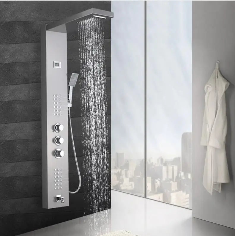 Black/Brushed Bathroom Shower Faucet LED Rainfall Head Shower Panel Set Bathtub Mixer Tap With Hand Sprayer Temperature Screen