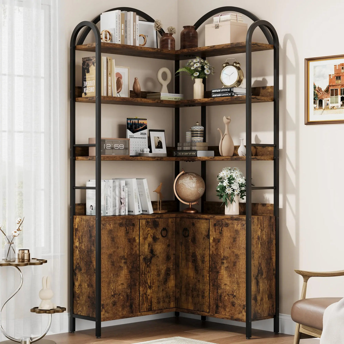 74" Tall 6-Tier Arched Corner Bookshelf - L-Shaped Corner Bookcase with Cabinet Doors - Rustic Metal & Wood Corner Storage Shelf Unit for Home Office/Living Room