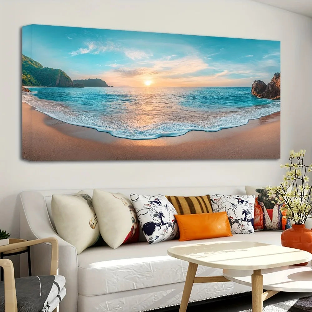 1.5 inch thick pine solid wood frame, canvas printed mural, natural beach sunsets and wave pictures, interior decoration