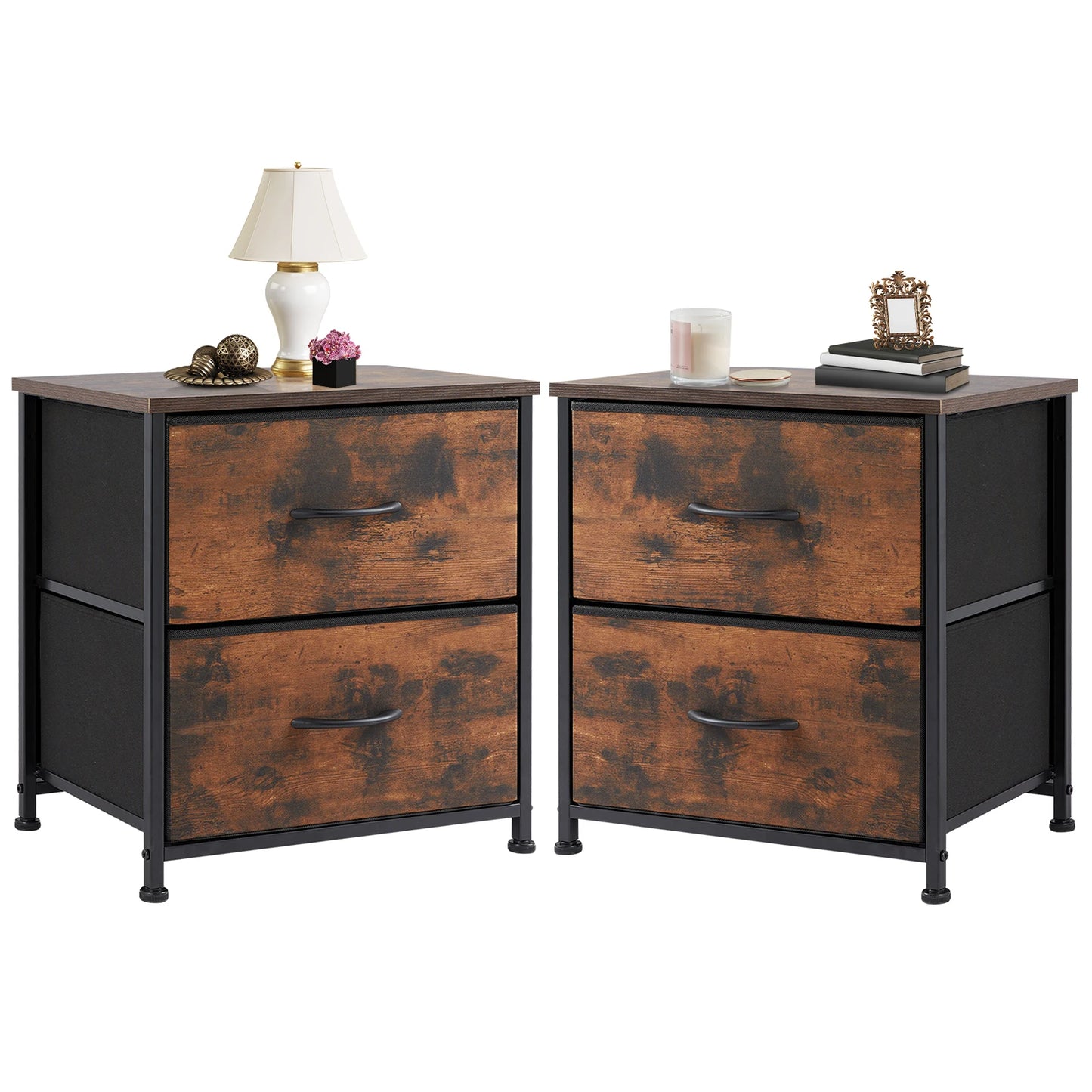 JHK Nightstand Bedside Table With Fabric Drawers And Cabinet