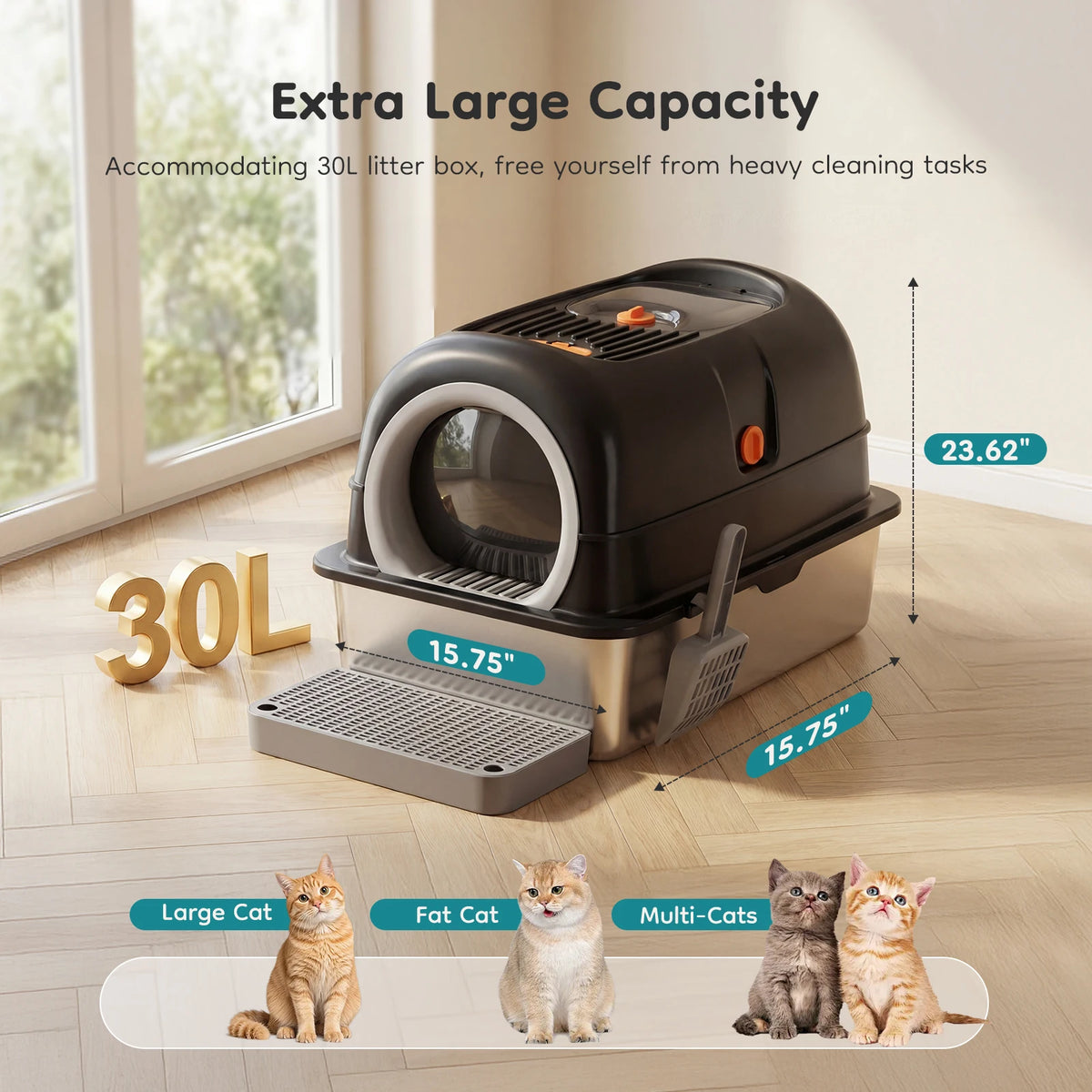 Enclosed Stainless Steel Cat Litter Box with Scoop and Mat