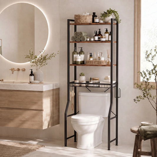 JHK 4-Tier Freestanding Bathroom Organizer Shelf Over Toilets with Adjustable Storage Rack Shelf and Basket Space Saver Above Toilet Storage Cabinet with 3 Hooks for Rooms