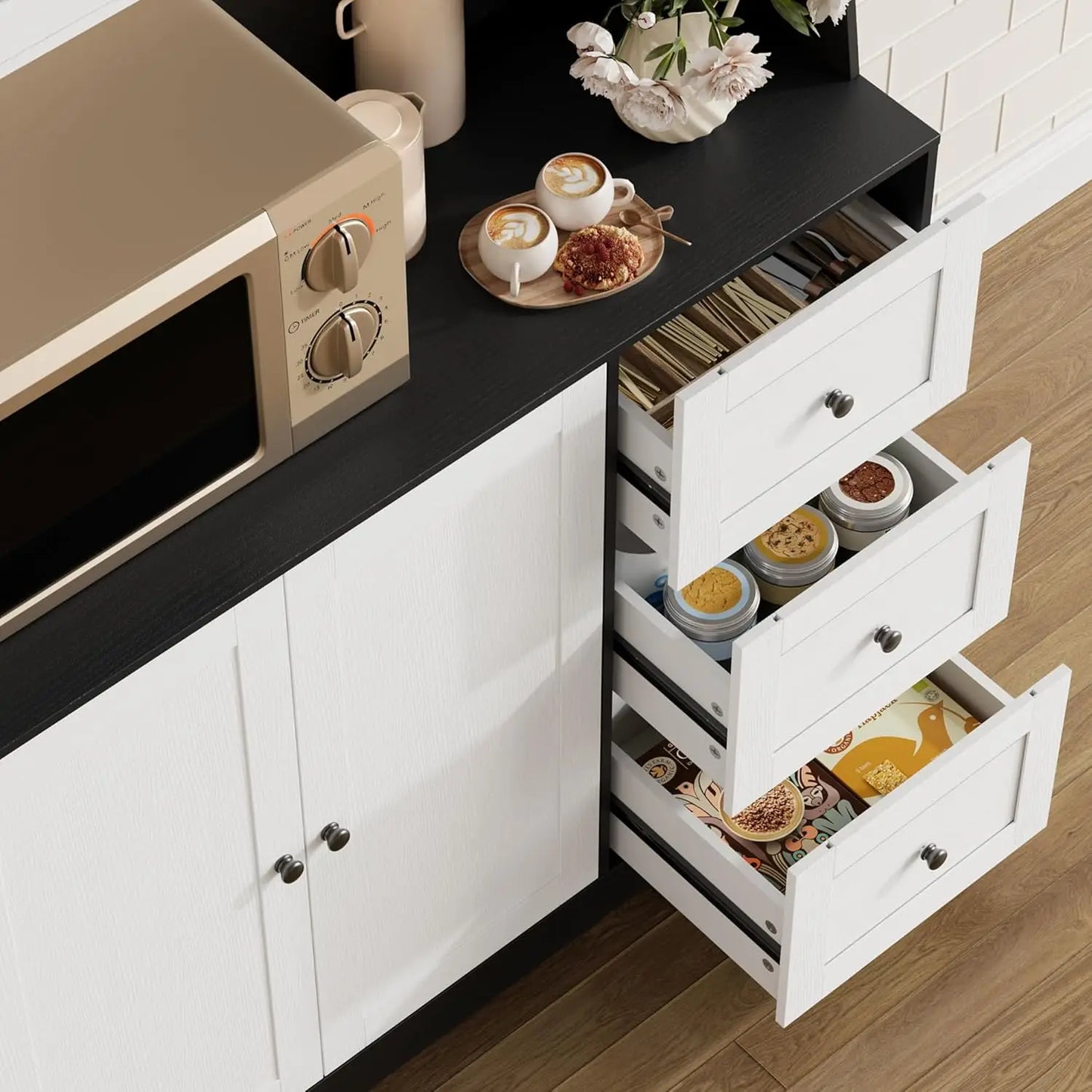 67"Tall Kitchen Pantry Cabinet Buffet Cabinet Sideboard Storage Hutch Cabinet with Drawers & Adjustable Shelves for Dining Room